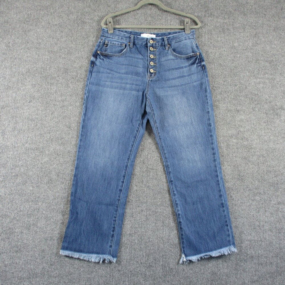 Kancan Taurus High Rise Jeans Women 29 Blue Button Fly Straight Leg Frayed 32x28